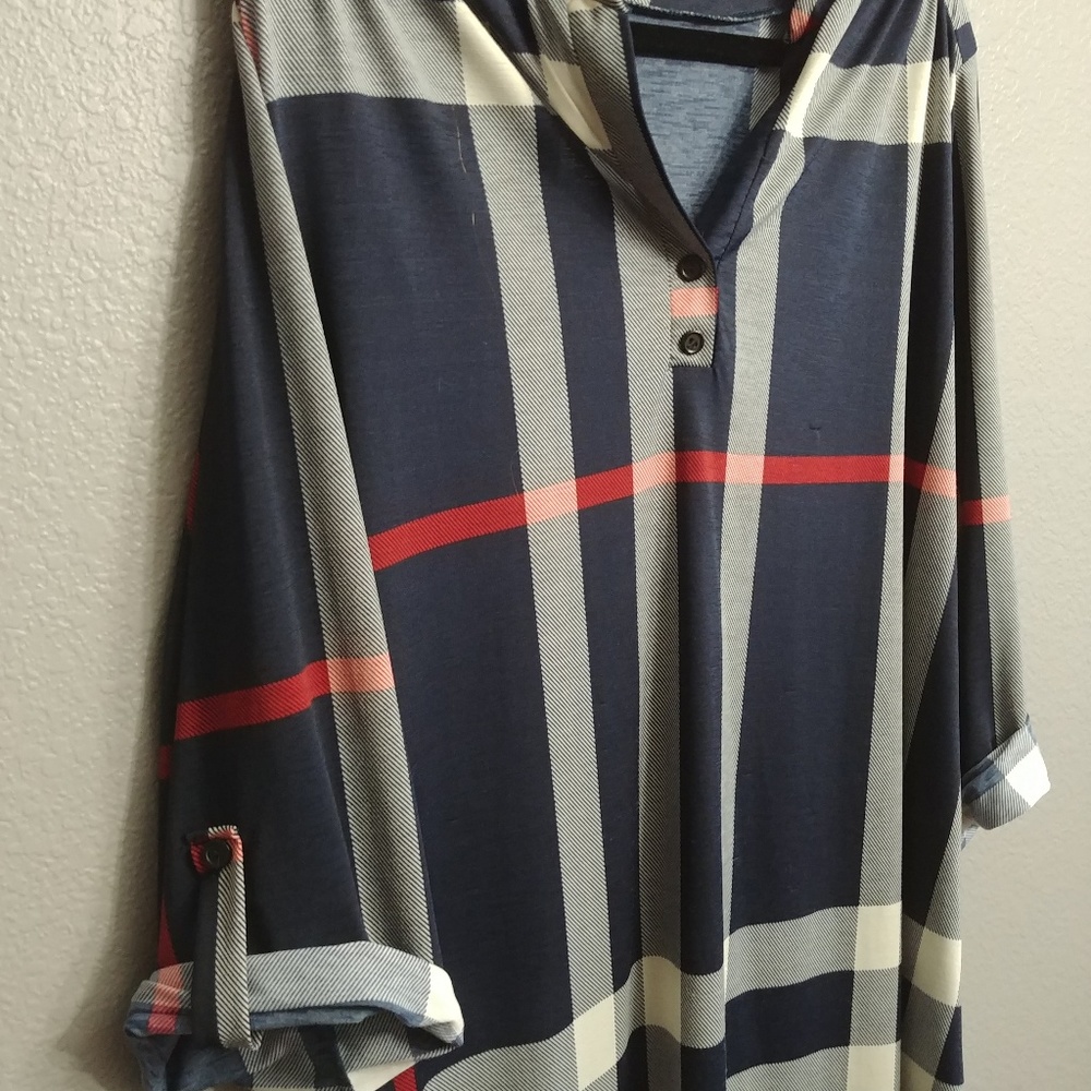 Blue, Tan & Red Plaid High-Low Tunic Top